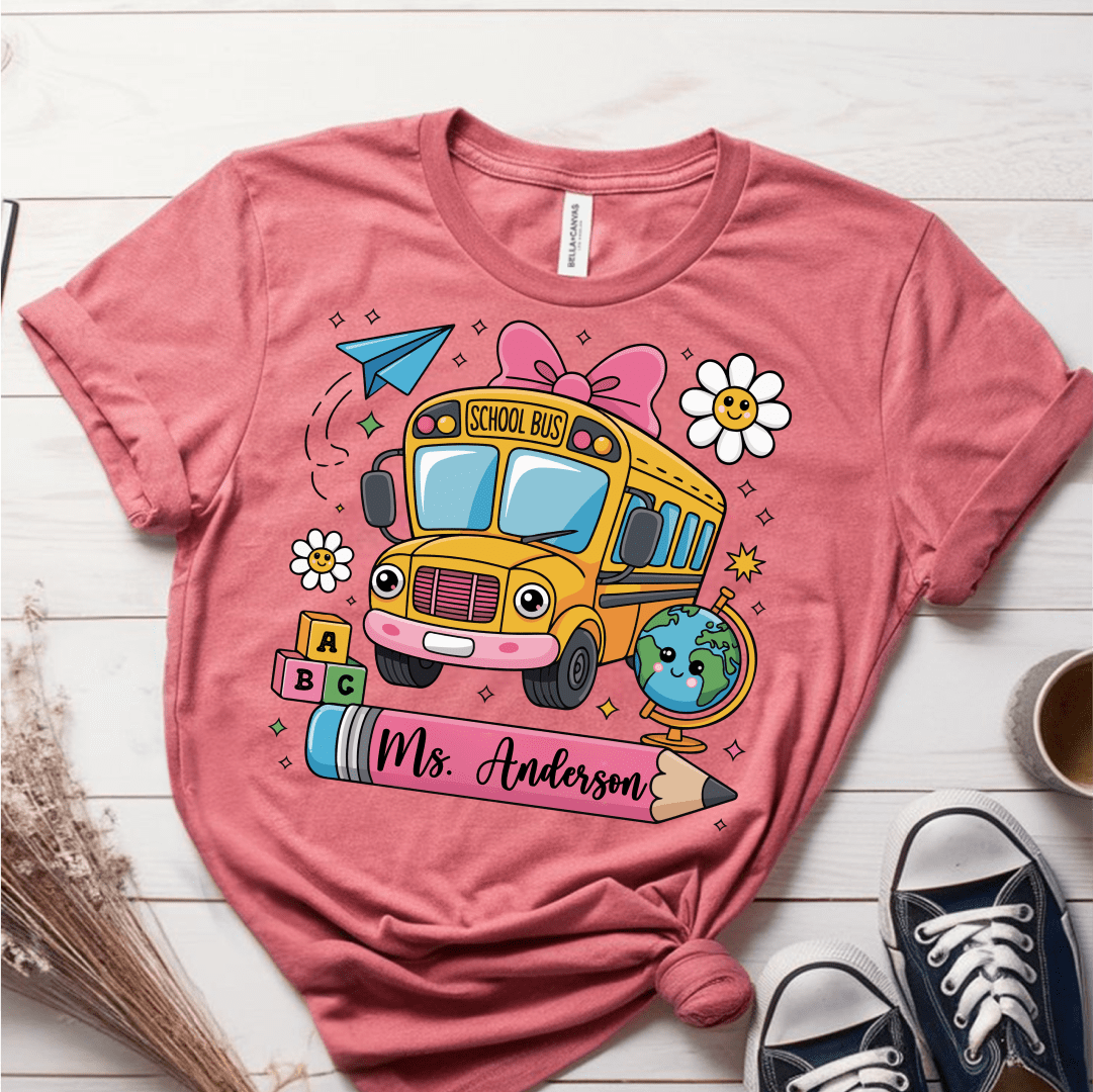 T-Shirt Mauve / S Personalized Name School Bus Cute Icon Pencil T-Shirt