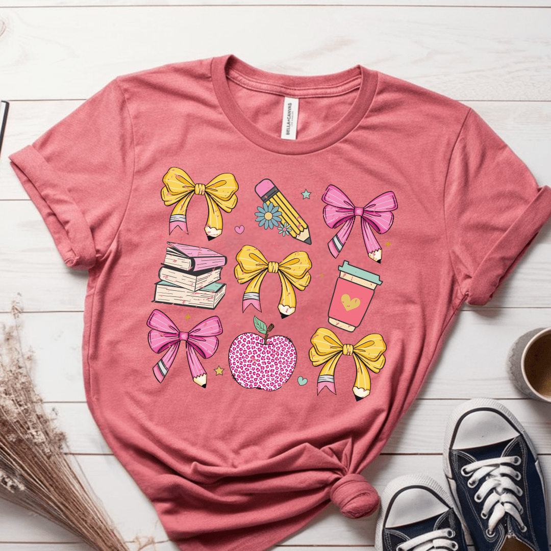 T-Shirt Mauve / S Teacher Coquette Pencil Bow Retro T-Shirt