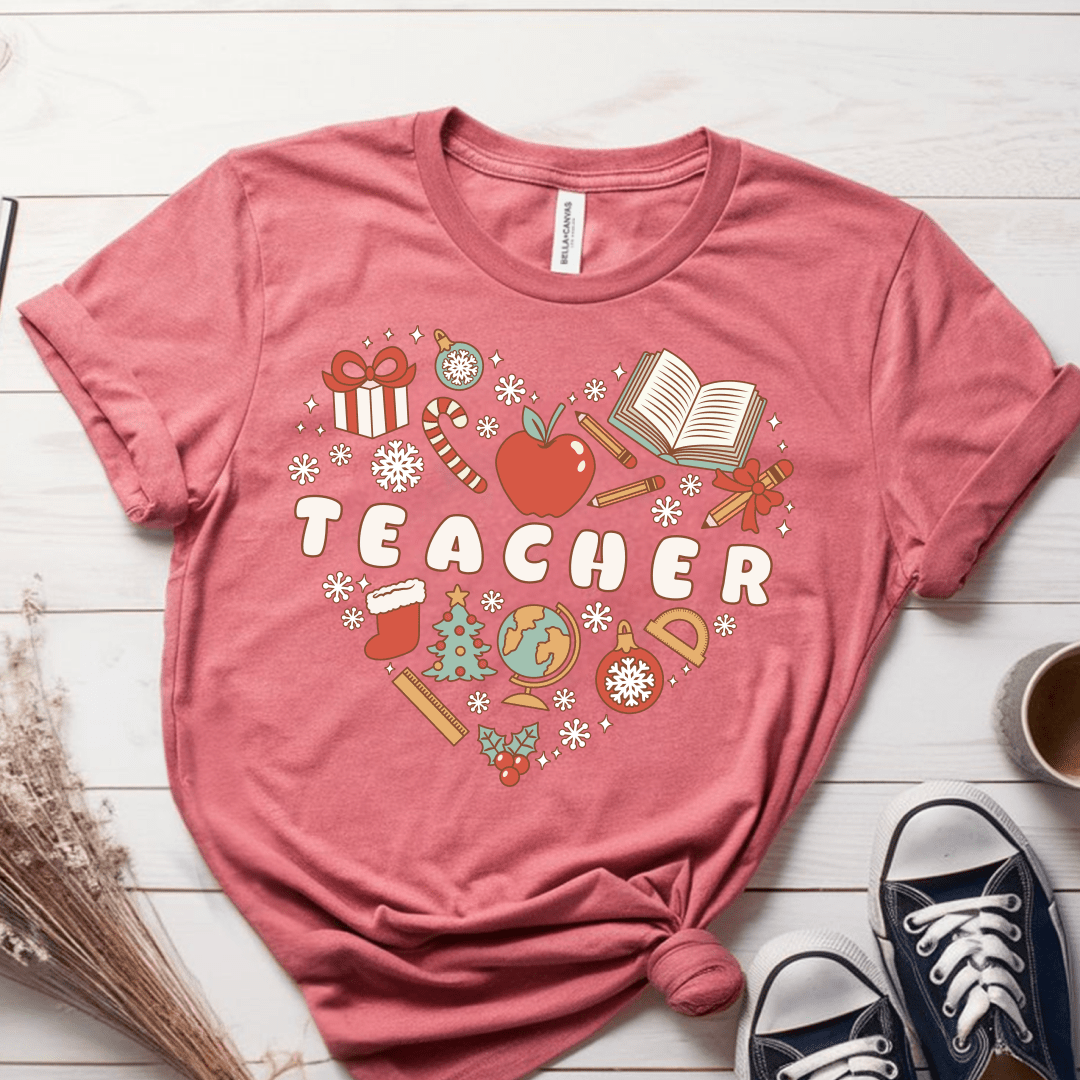 T-Shirt Mauve / S Teacher Retro Christmas Heart T-Shirt