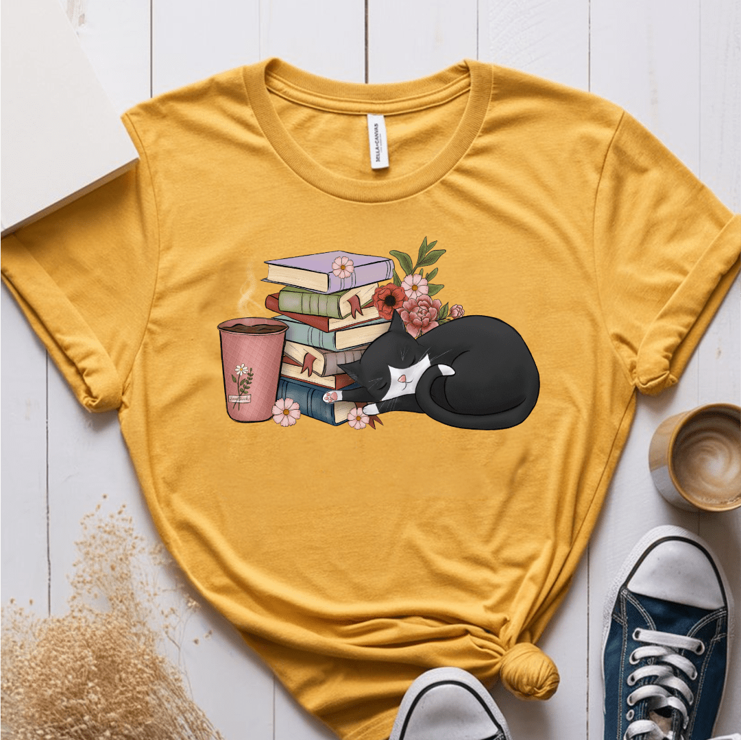 T-Shirt Mustard / S Cat Books Coffee T-Shirt