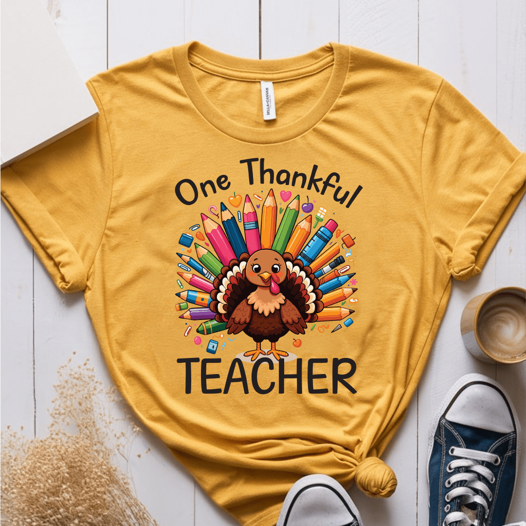 T-Shirt Mustard / S One Thankful Teacher Pencil Turkey T-Shirt