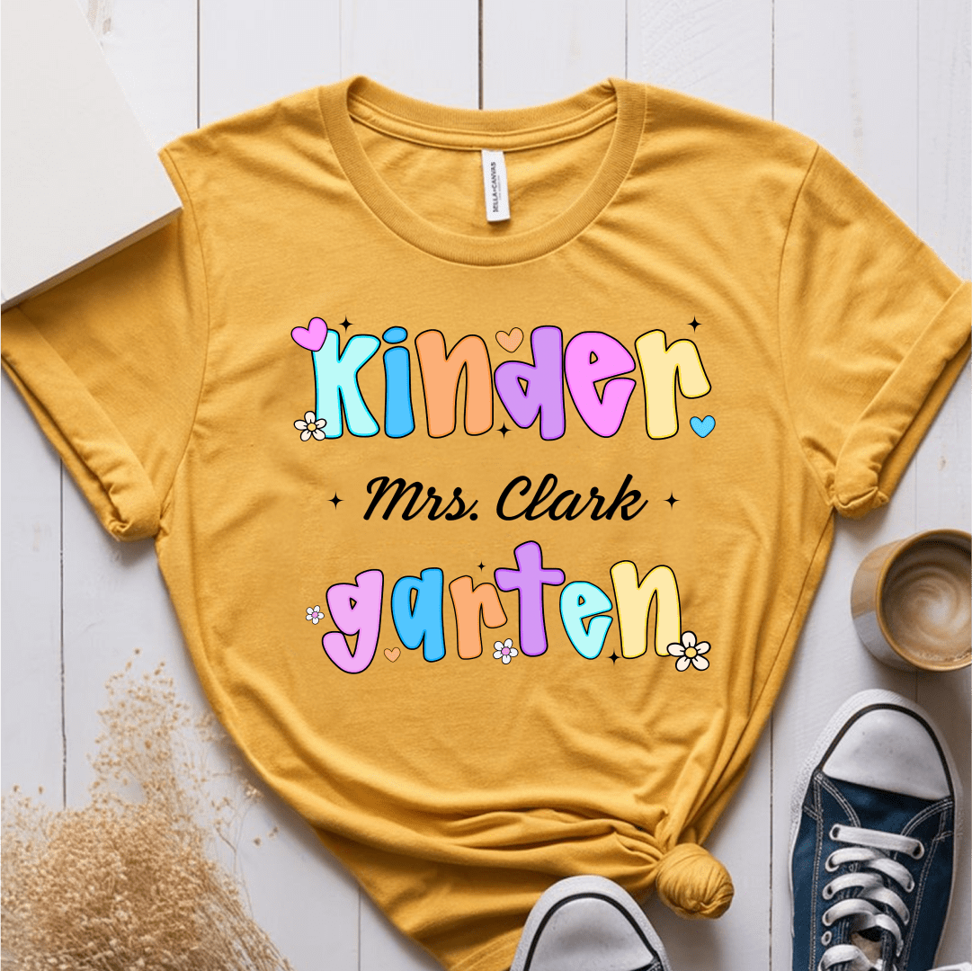 T-Shirt Mustard / S Personalized Name And Grade Pastel Flower Heart Cute T-Shirt
