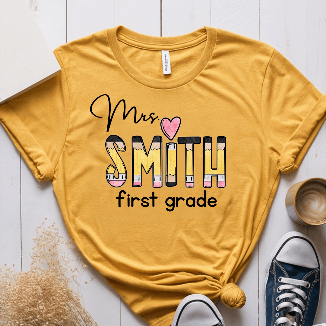 T-Shirt Mustard / S Personalized Name And Grade Pencil Heart T-Shirt