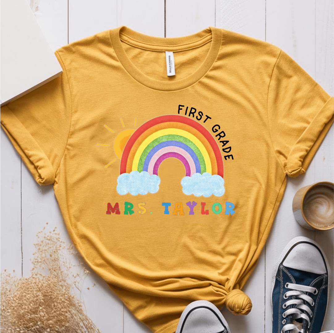 T-Shirt Mustard / S Personalized Name Grade Rainbow Sun Colorful T-Shirt