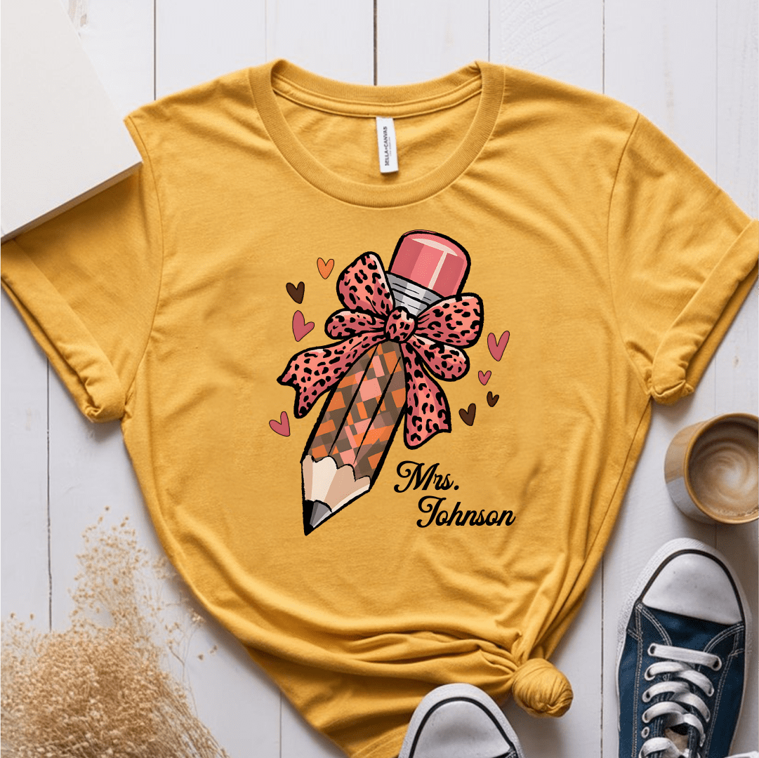 T-Shirt Mustard / S Personalized Name Pencil Pattern Bow Hearts T-Shirt