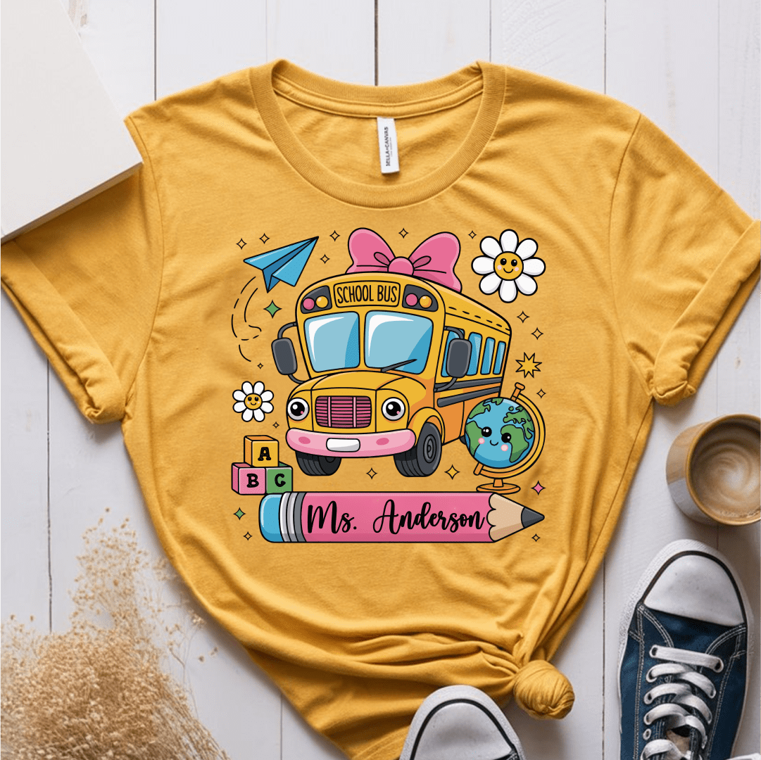 T-Shirt Mustard / S Personalized Name School Bus Cute Icon Pencil T-Shirt
