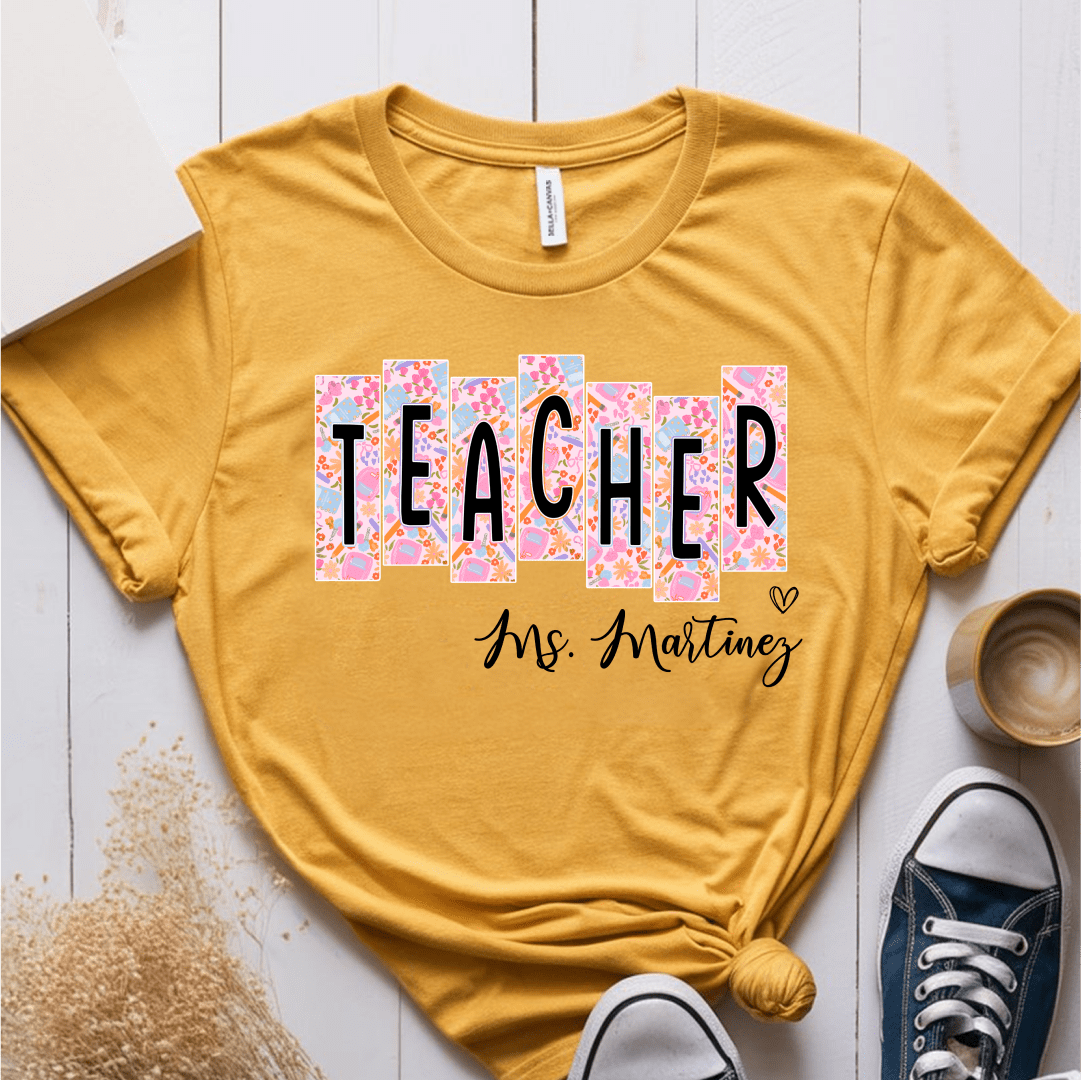 T-Shirt Mustard / S Personalized Teacher Name Floral Block Design T-Shirt
