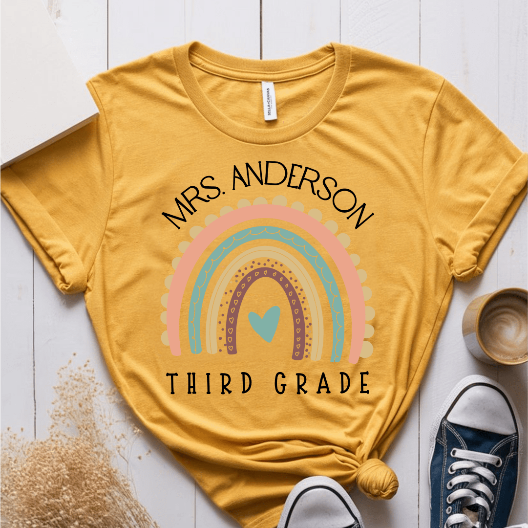 T-Shirt Mustard / XS Personalized Name and Grade Pastel Rainbow T-Shirt
