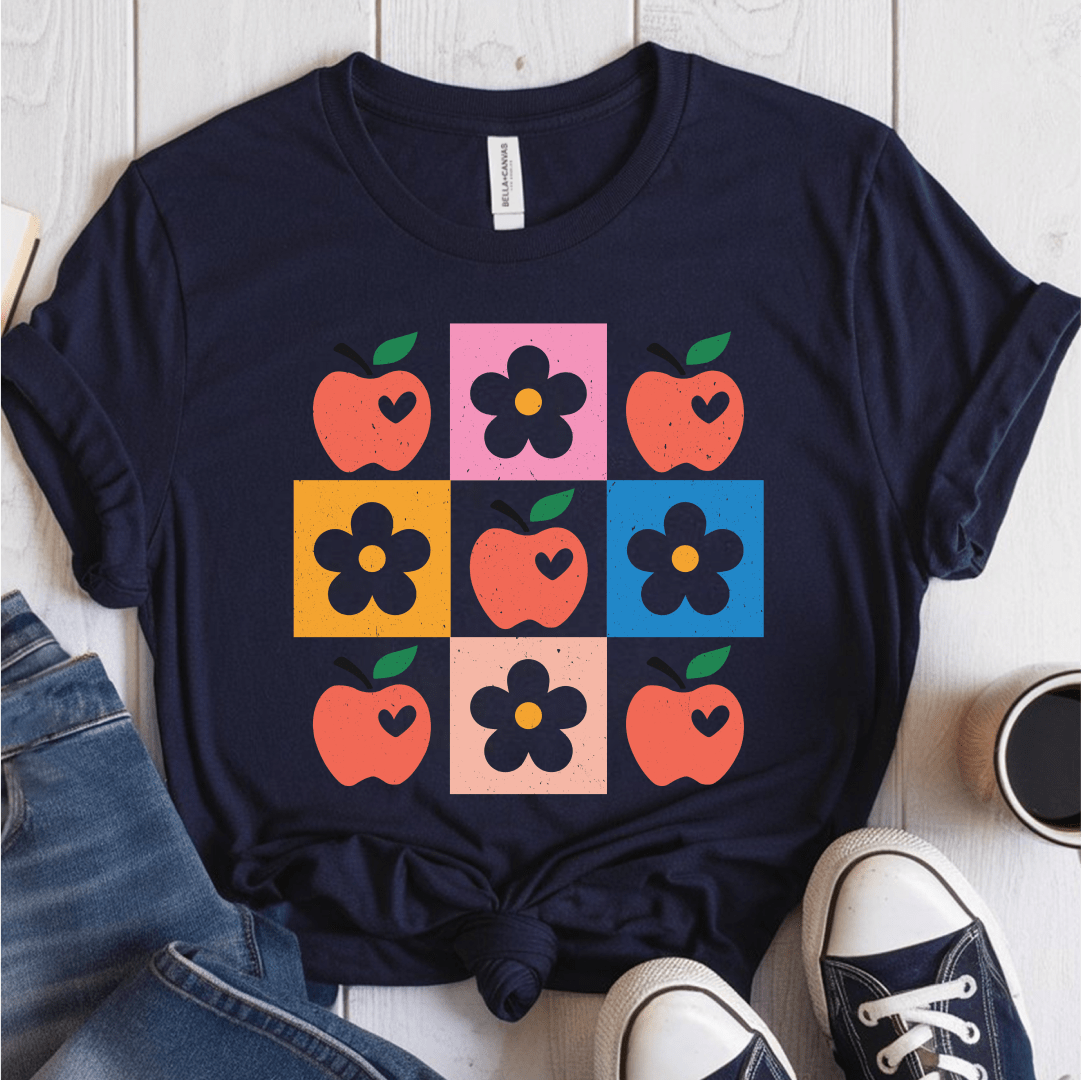 T-Shirt Navy / S Apple Flower Textured Checkerboard Cute Teacher T-Shirt