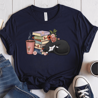 T-Shirt Navy / S Cat Books Coffee T-Shirt