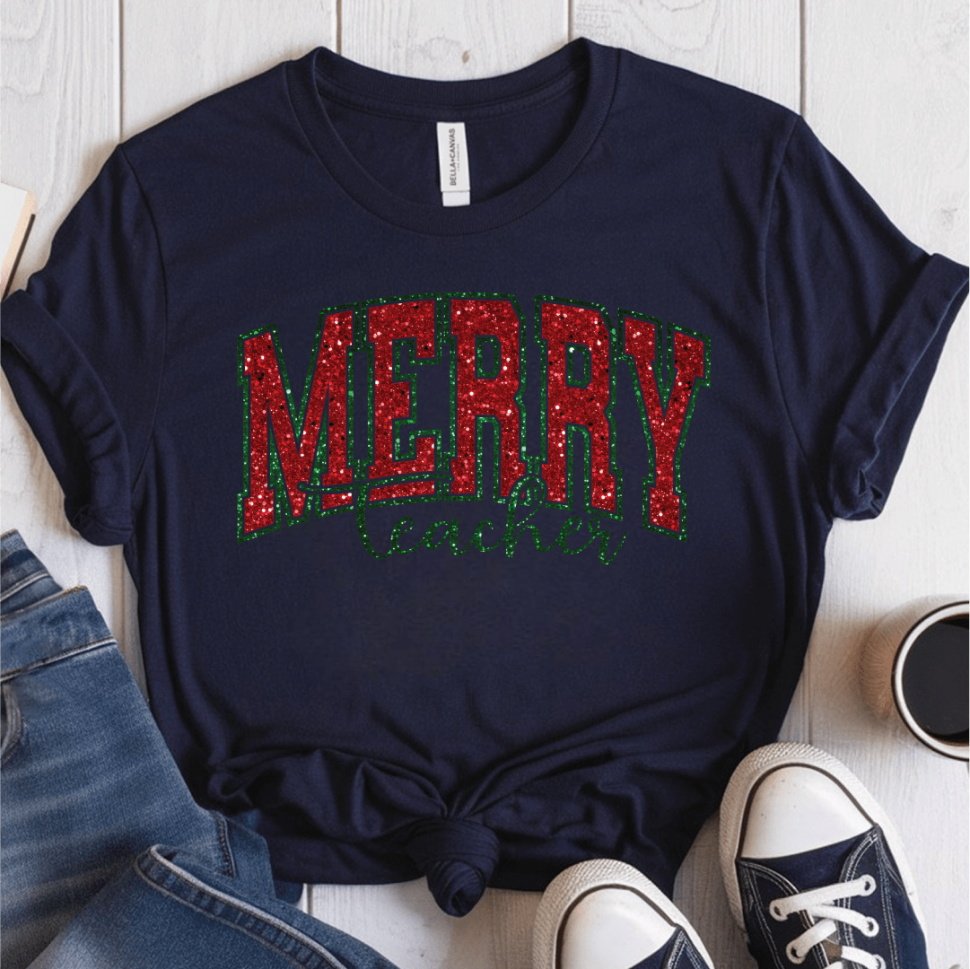 T-Shirt Navy / S Merry Teacher Glitter T-Shirt