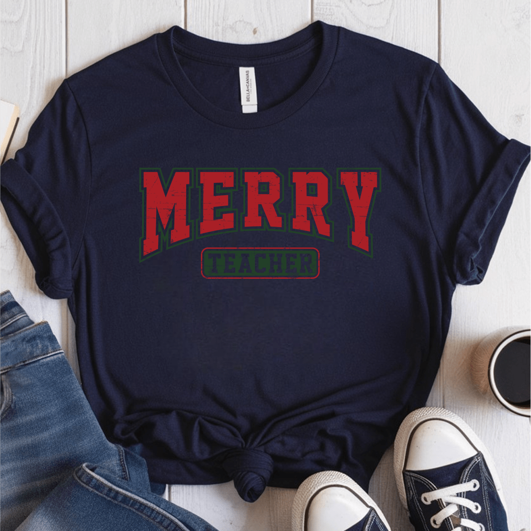 T-Shirt Navy / S Merry Teacher Retro Vintage T-Shirt