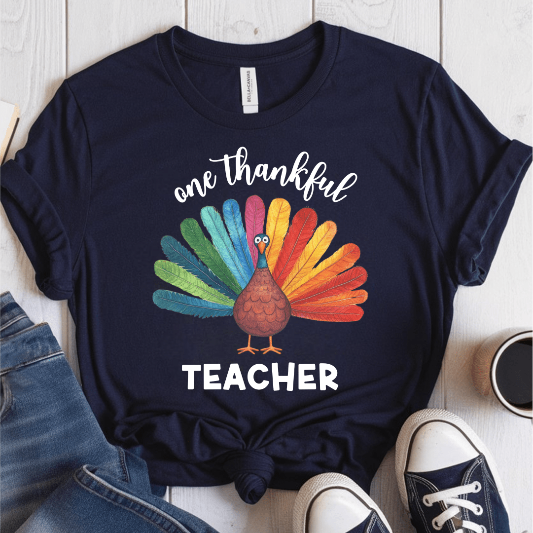 T-Shirt Navy / S One Thankful Teacher Colorful Turkey T-Shirt