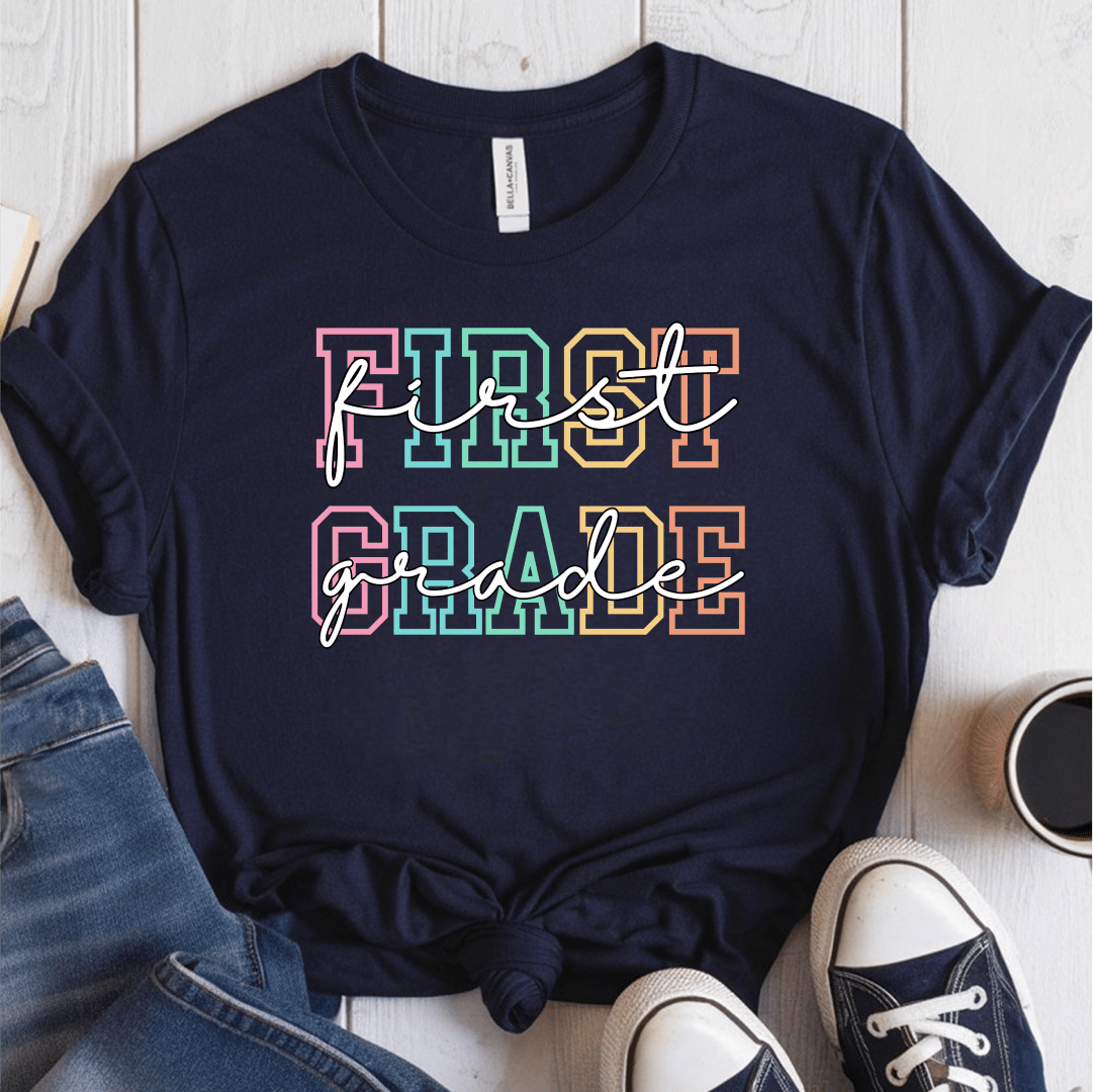T-Shirt Navy / S Personalized Grade College and Cursive Pastel T-Shirt