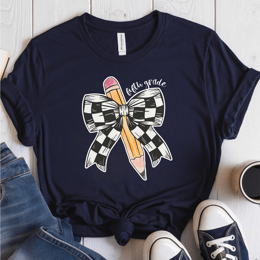 T-Shirt Navy / S Personalized Grade Pencil Checkered Bow T-Shirt