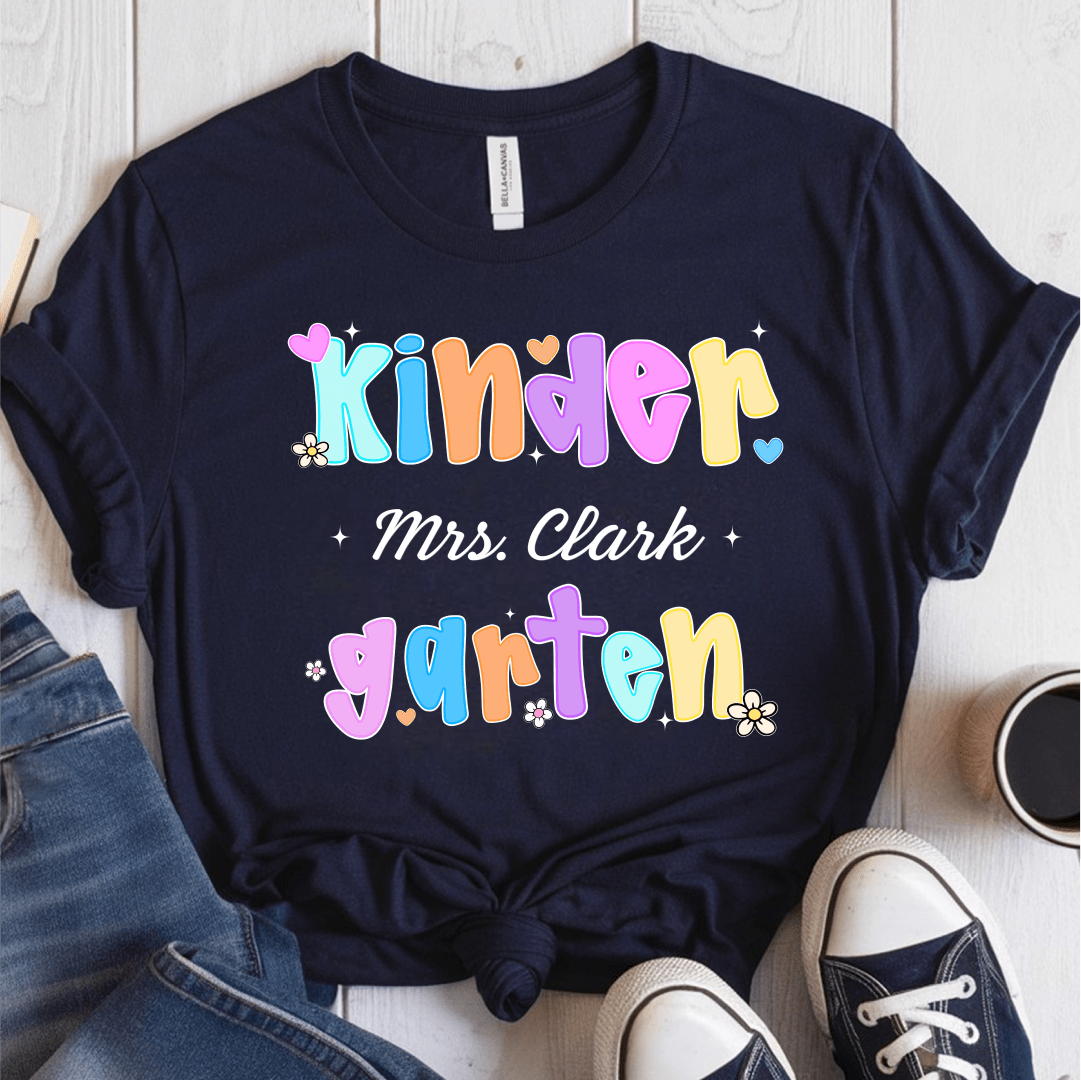 T-Shirt Navy / S Personalized Name And Grade Pastel Flower Heart Cute T-Shirt