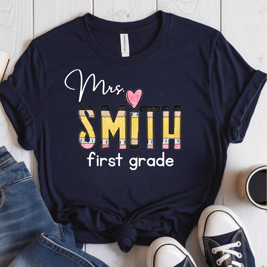 T-Shirt Navy / S Personalized Name And Grade Pencil Heart T-Shirt
