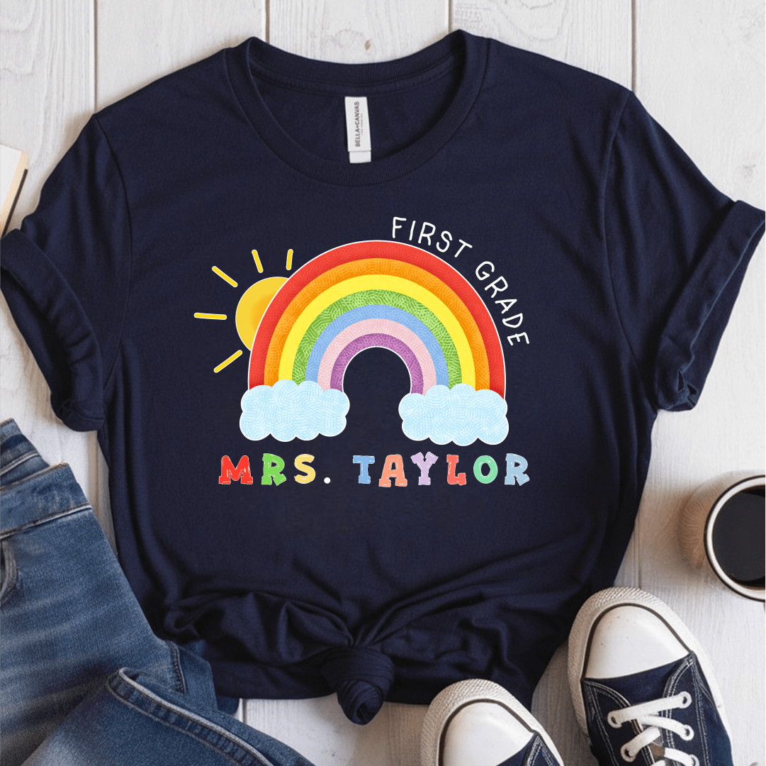 T-Shirt Navy / S Personalized Name Grade Rainbow Sun Colorful T-Shirt