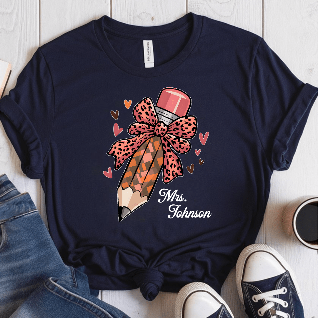 T-Shirt Navy / S Personalized Name Pencil Pattern Bow Hearts T-Shirt