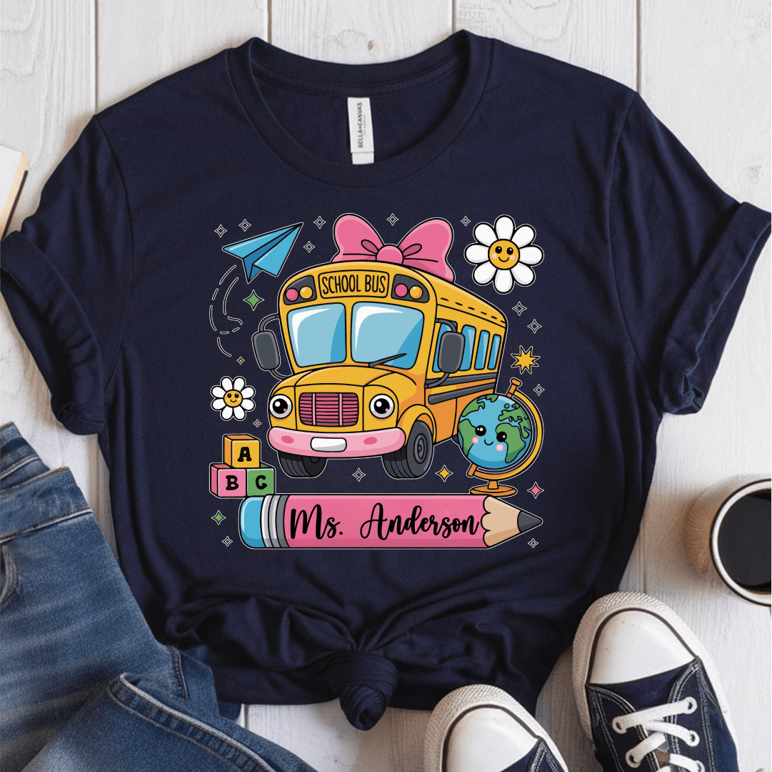 T-Shirt Navy / S Personalized Name School Bus Cute Icon Pencil T-Shirt