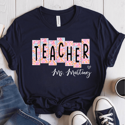 T-Shirt Navy / S Personalized Teacher Name Floral Block Design T-Shirt