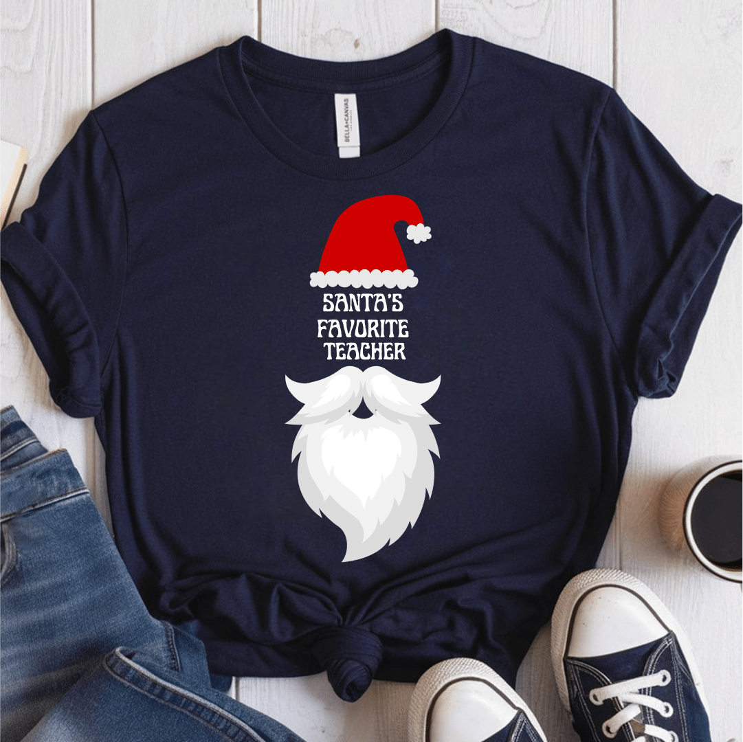T-Shirt Navy / S Santa's Favorite Teacher (hat beard) T-Shirt
