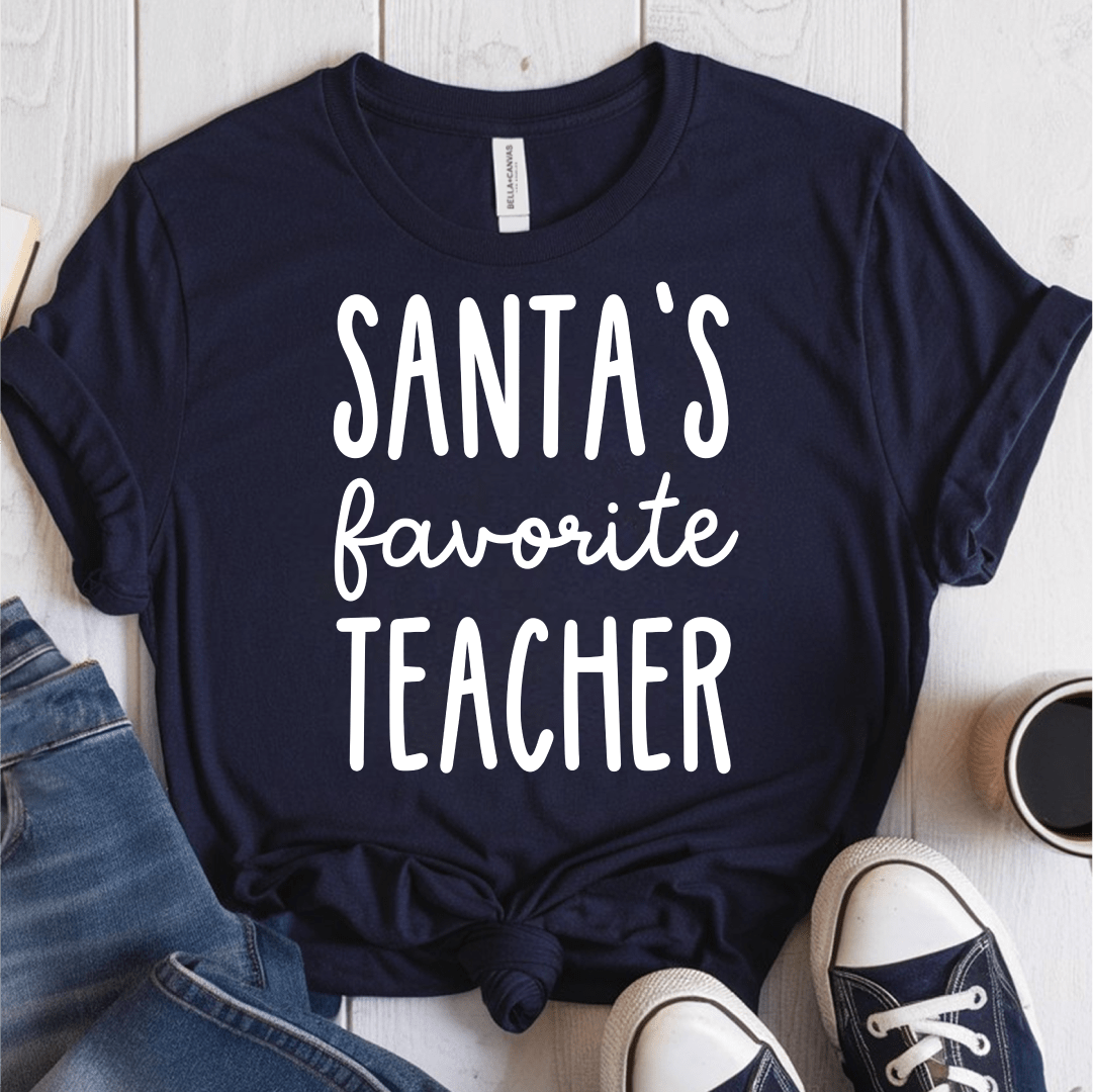 T-Shirt Navy / S Santas Favorite Teacher (text) T-Shirt