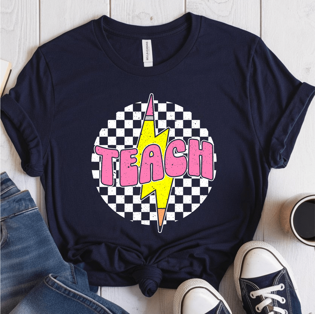 T-Shirt Navy / S Teach Lightning Checkered Pencil Vintage T-Shirt