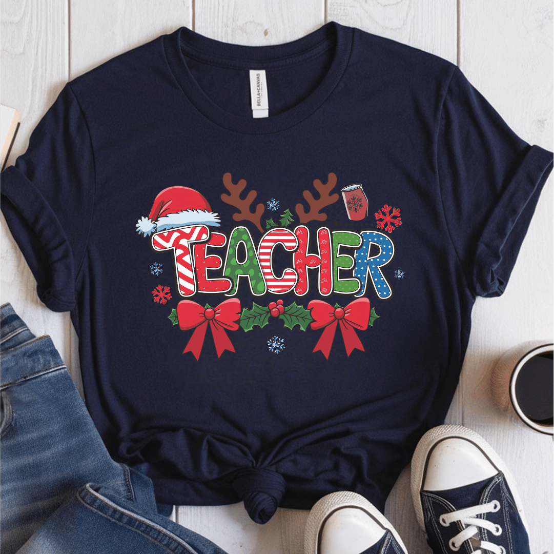 T-Shirt Navy / S Teacher Christmas Pattern Antlers T-Shirt