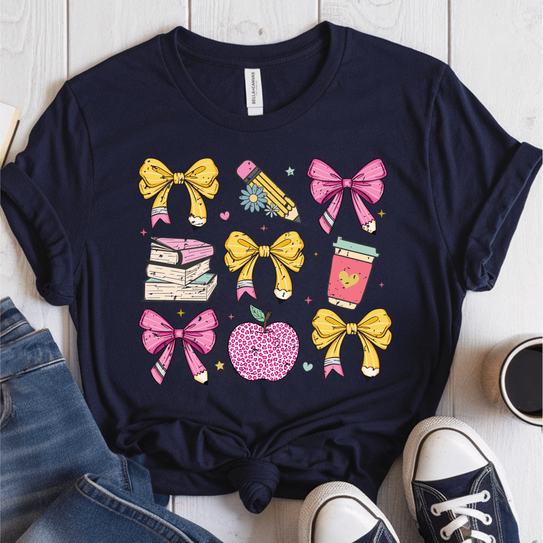 T-Shirt Navy / S Teacher Coquette Pencil Bow Retro T-Shirt