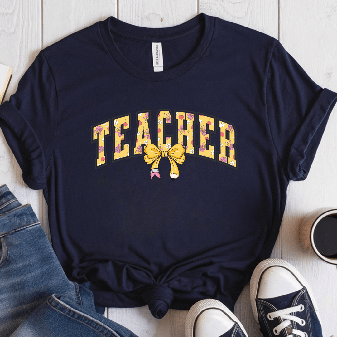 T-Shirt Navy / S Teacher Pencil Bow T-Shirt