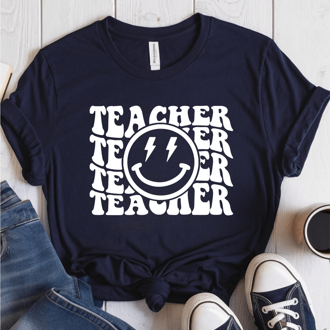 T-Shirt Navy / S Teacher Wavy Groovy Text Lightning Smile T-Shirt