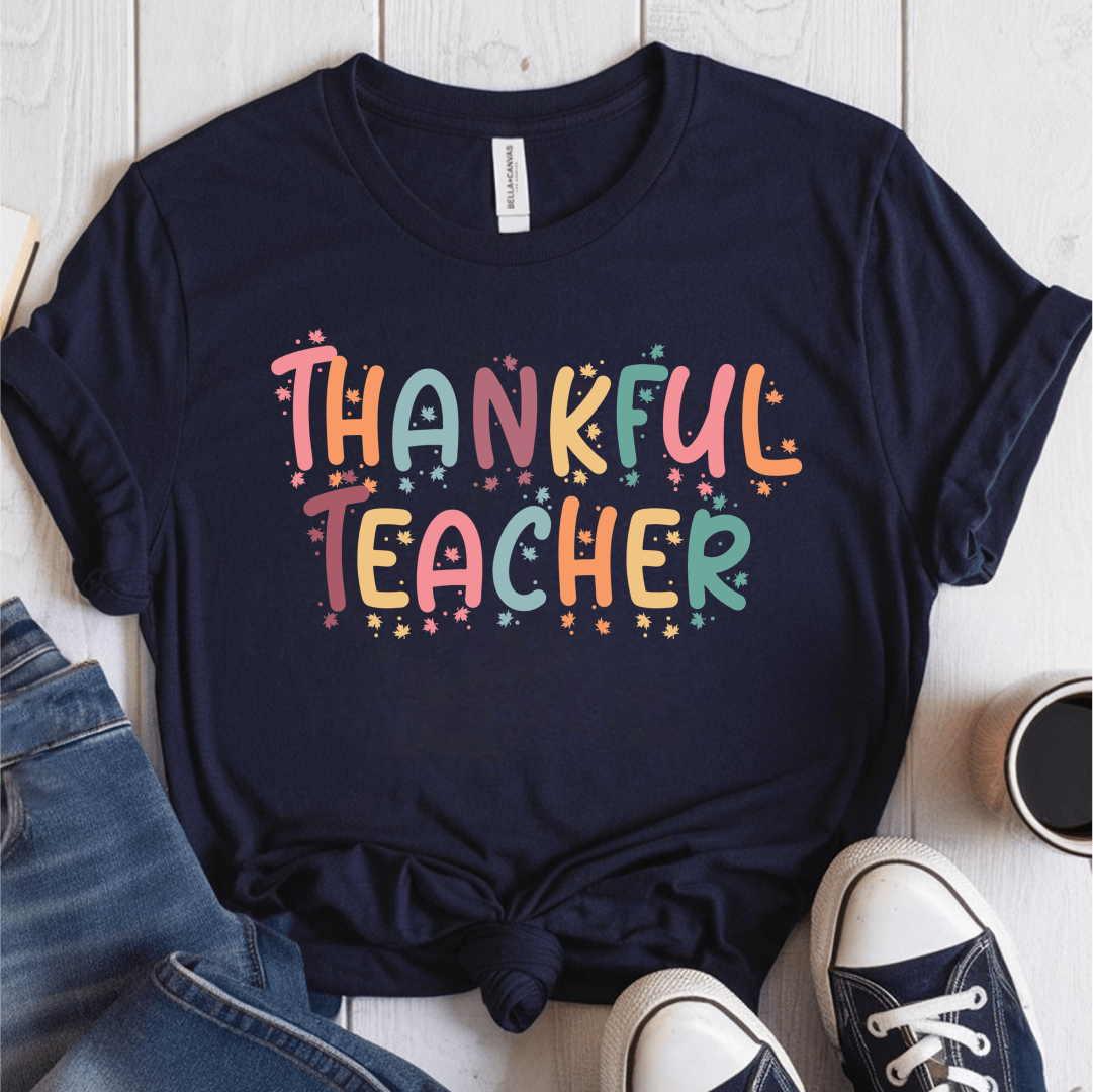 T-Shirt Navy / S Thankful Teacher Pastel Sparks T-Shirt