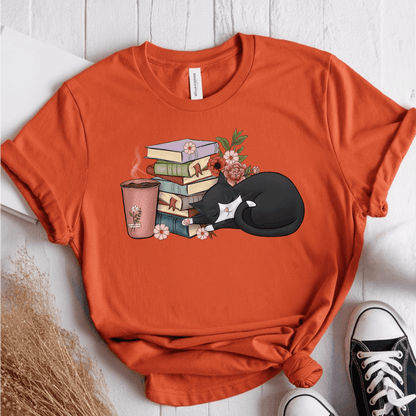 T-Shirt Orange / S Cat Books Coffee T-Shirt