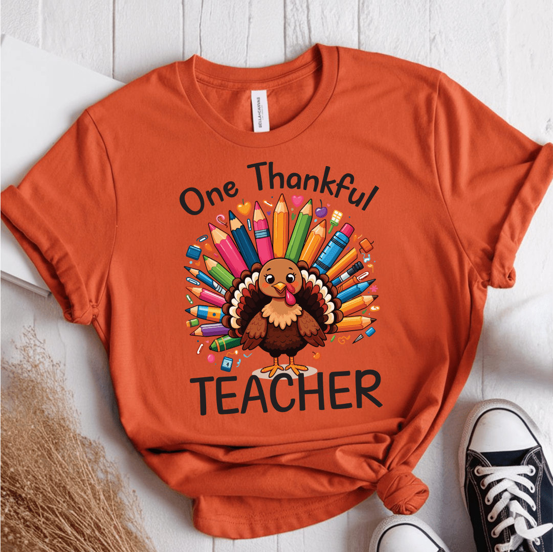 T-Shirt Orange / S One Thankful Teacher Pencil Turkey T-Shirt