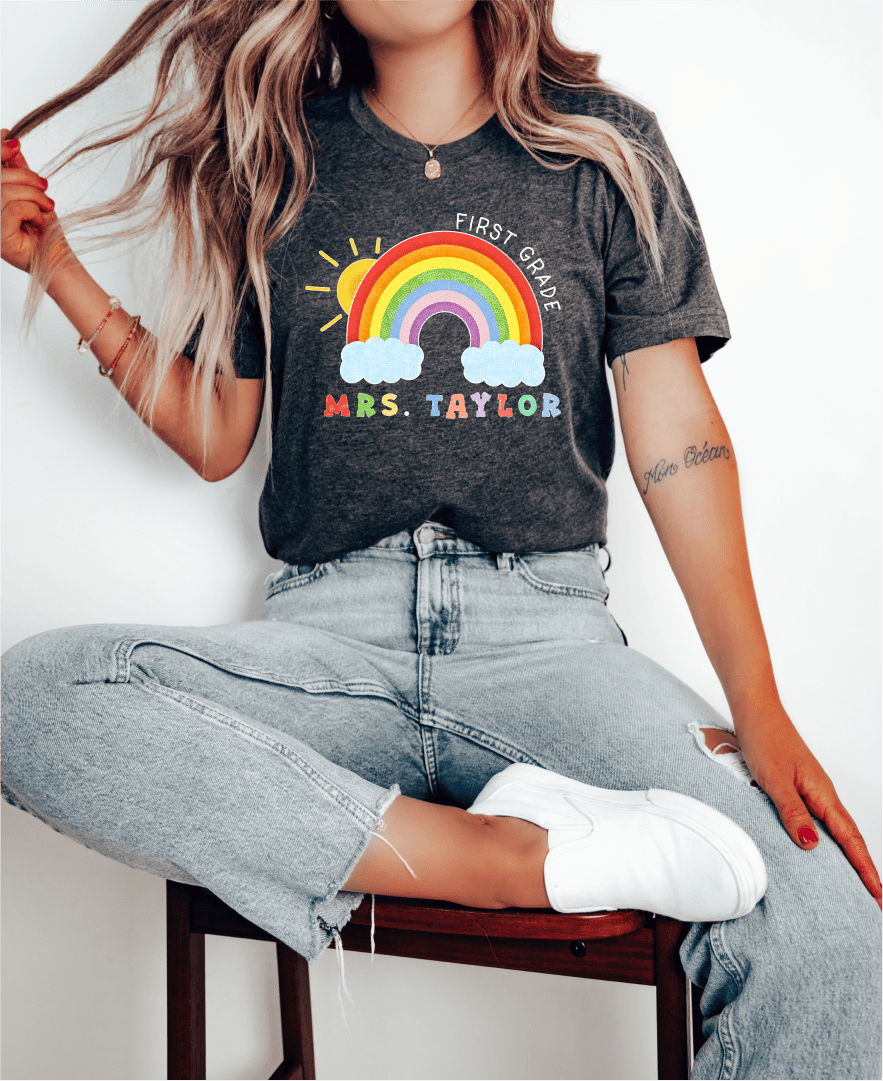 T-Shirt Personalized Name Grade Rainbow Sun Colorful T-Shirt