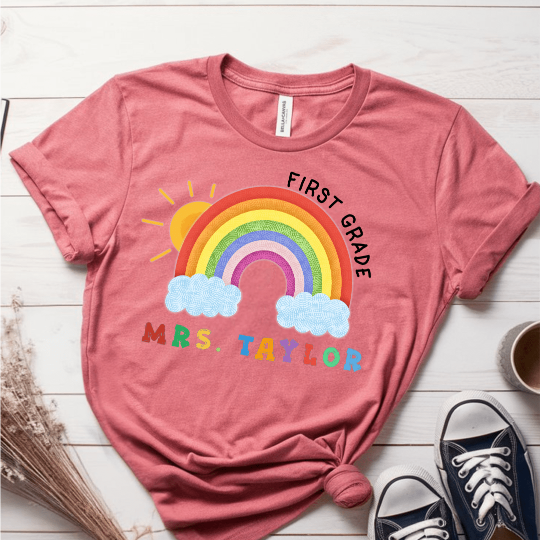 T-Shirt Personalized Name Grade Rainbow Sun Colorful T-Shirt