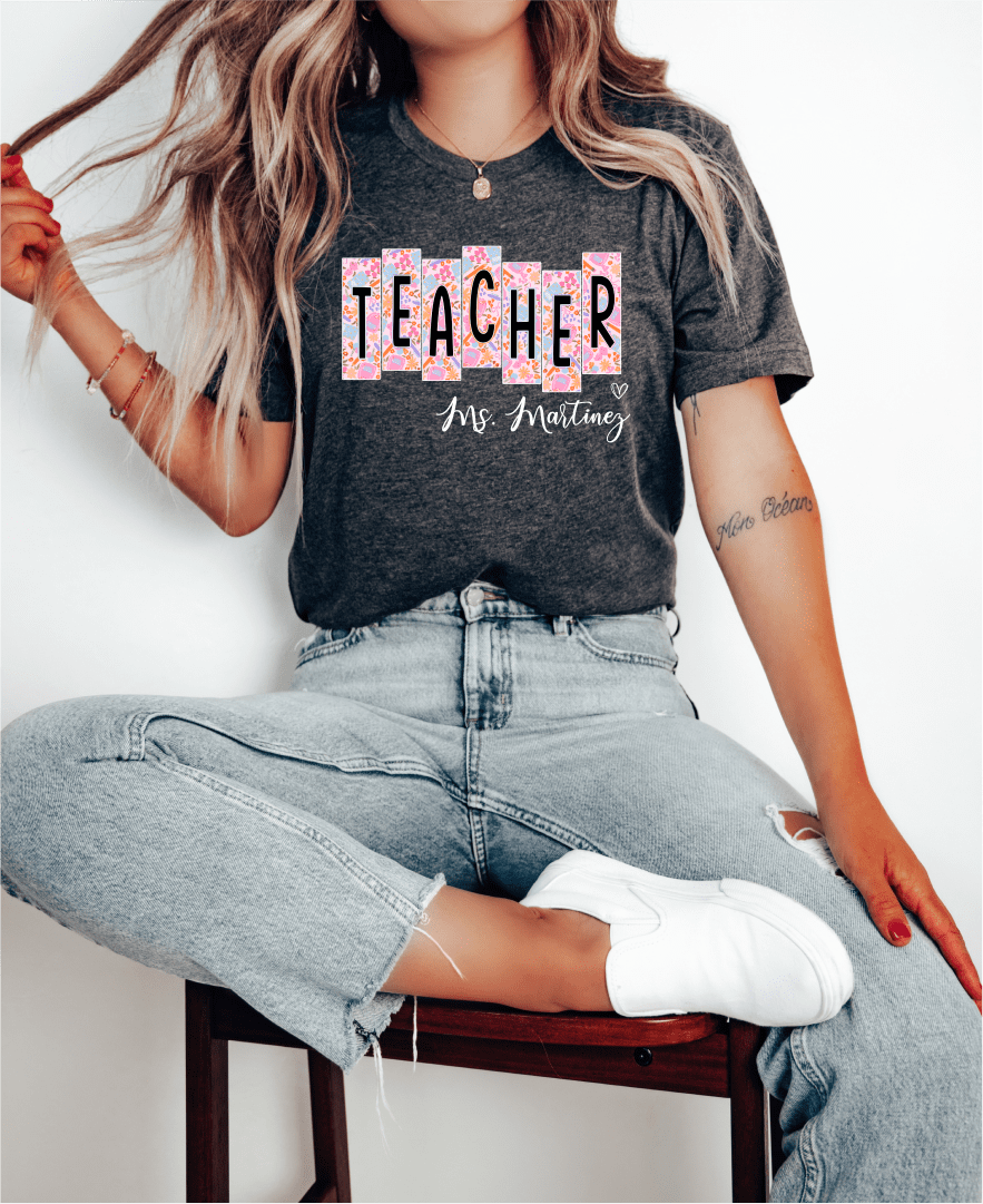 T-Shirt Personalized Teacher Name Floral Block Design T-Shirt