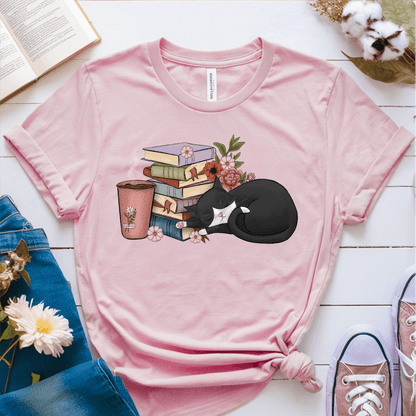 T-Shirt Pink / S Cat Books Coffee T-Shirt