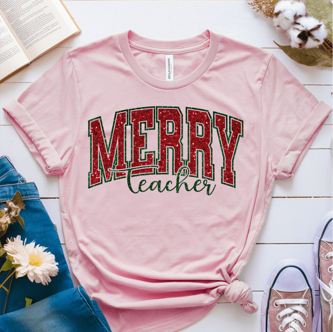 T-Shirt Pink / S Merry Teacher Glitter T-Shirt