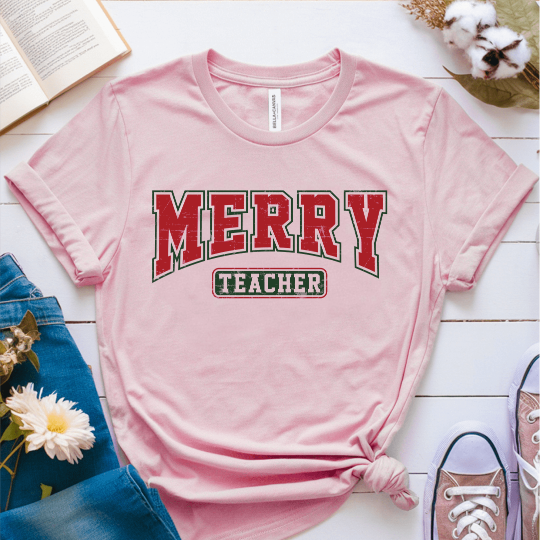 T-Shirt Pink / S Merry Teacher Retro Vintage T-Shirt