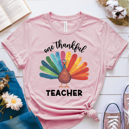 T-Shirt Pink / S One Thankful Teacher Colorful Turkey T-Shirt