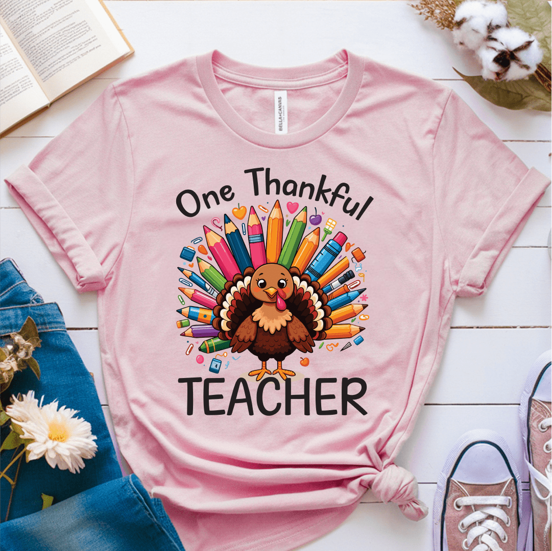 T-Shirt Pink / S One Thankful Teacher Pencil Turkey T-Shirt