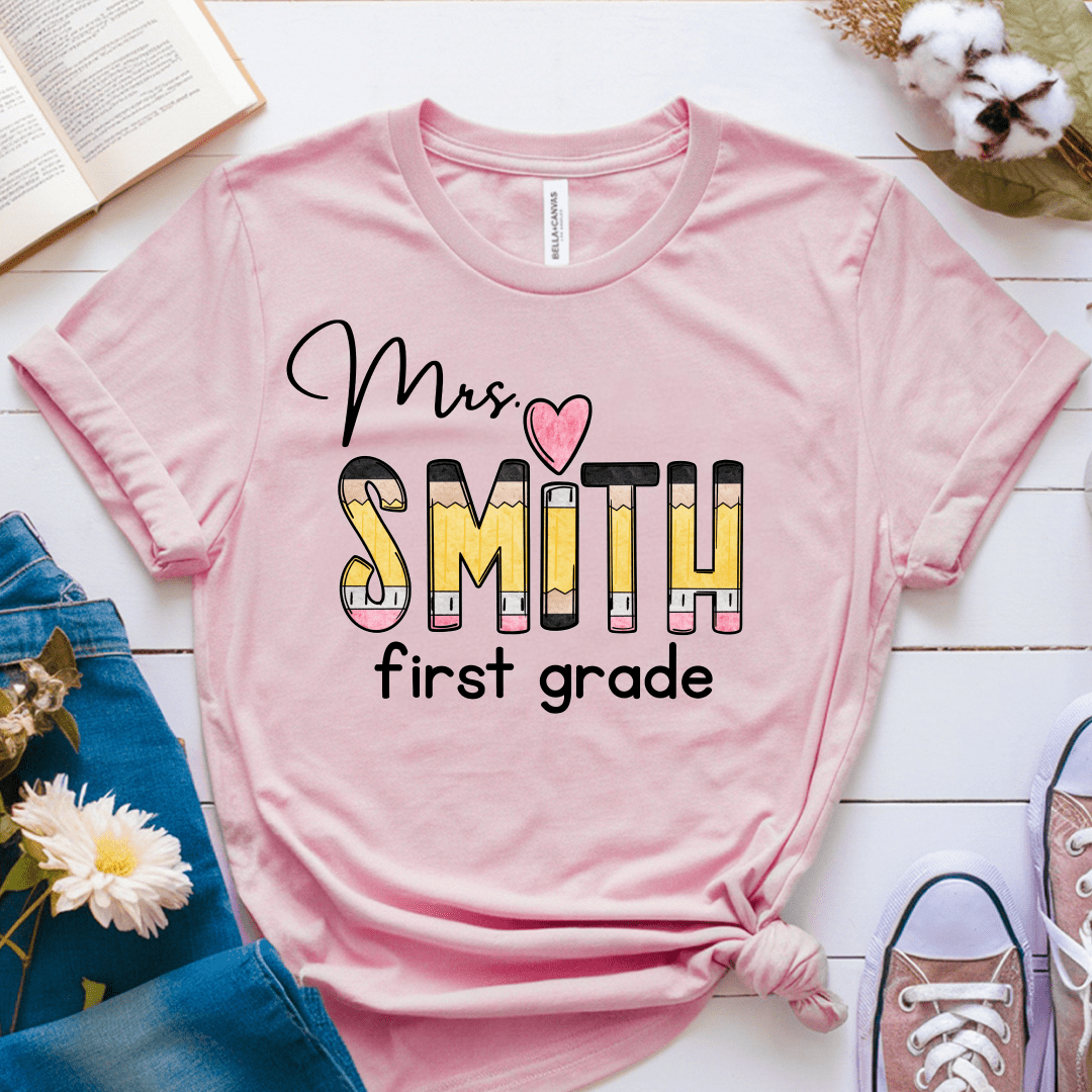 T-Shirt Pink / S Personalized Name And Grade Pencil Heart T-Shirt
