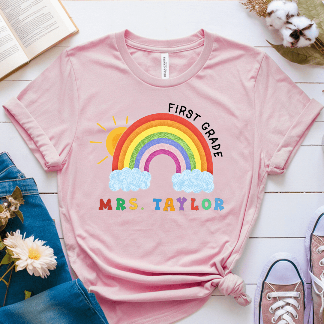 T-Shirt Pink / S Personalized Name Grade Rainbow Sun Colorful T-Shirt