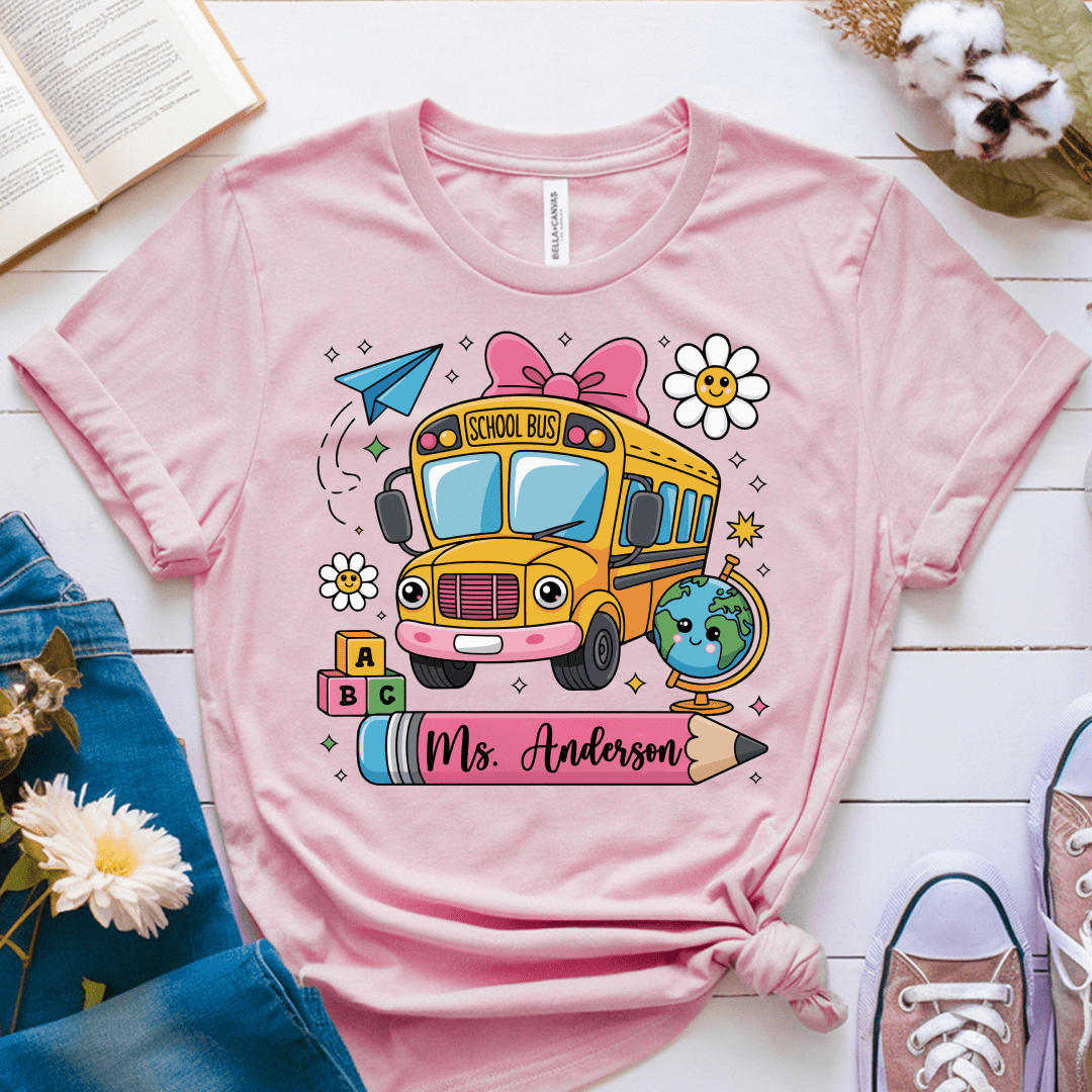 T-Shirt Pink / S Personalized Name School Bus Cute Icon Pencil T-Shirt