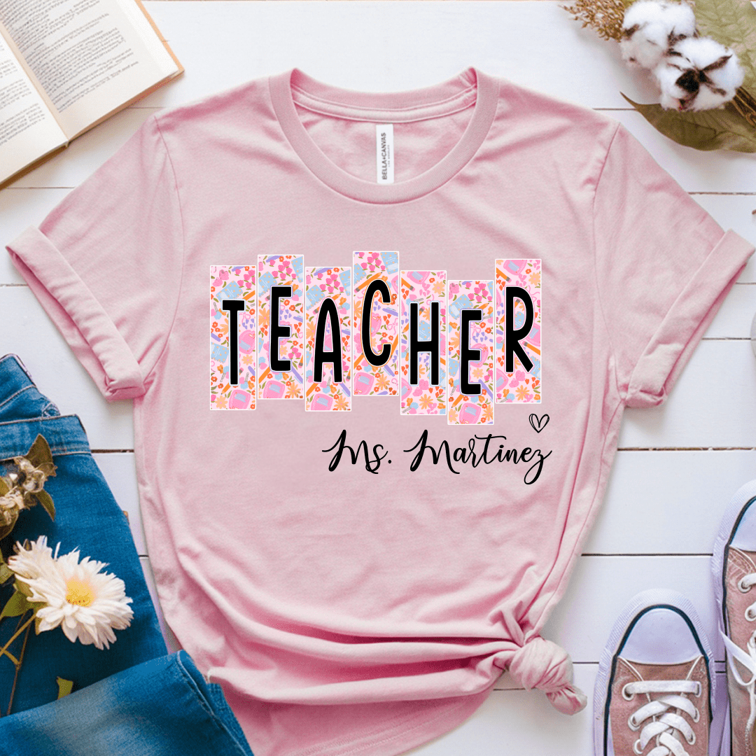T-Shirt Pink / S Personalized Teacher Name Floral Block Design T-Shirt