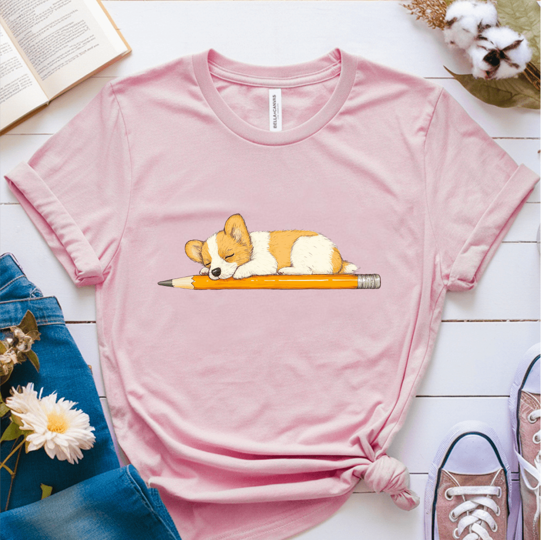 T-Shirt Pink / S Puppy Sleeping On Pencil T-Shirt