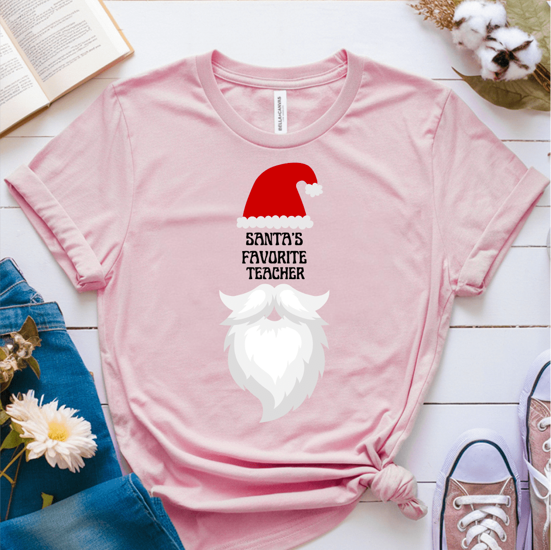 T-Shirt Pink / S Santa's Favorite Teacher (hat beard) T-Shirt