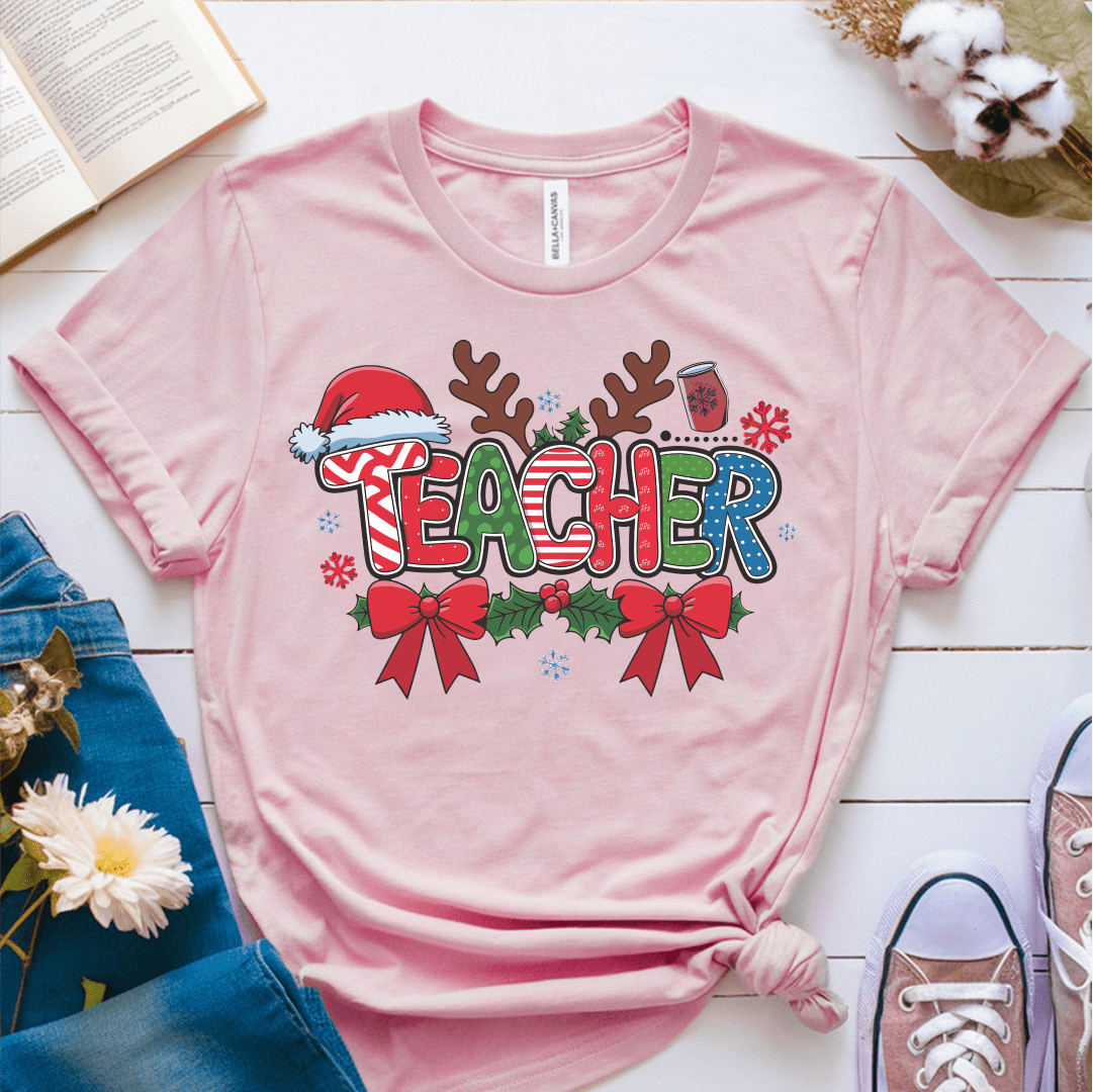 T-Shirt Pink / S Teacher Christmas Pattern Antlers T-Shirt